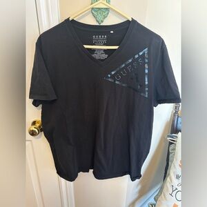 Guess Black Short Sleeve V-Neck Tee with Triangle Logo